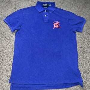 Vintage Polo Ralph Lauren Shirt Mens M Blue Pink Crossed Mallet RPLC Crest